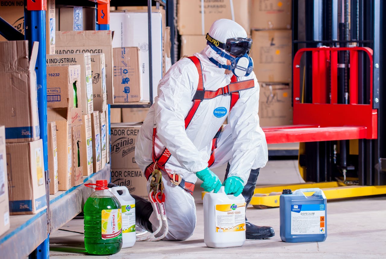 portfolio-01 Industrial worker in protective gear handling chemicals in a warehouse environment.